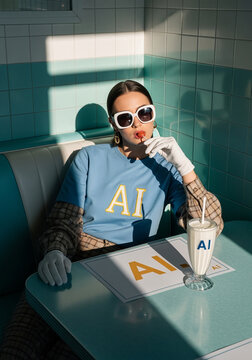 Woman in retro diner with AI-branded milkshake and lollipop