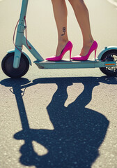 Woman in Pink Heels on Electric Scooter with Power Tattoo
