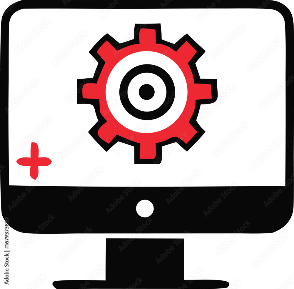 Poster computer monitor displaying cogwheel gear symbol with red plus icon for settings and maintenance