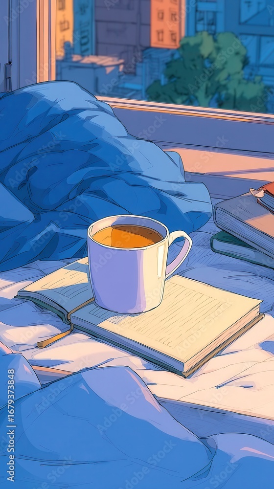 Poster cozy workspace with warm coffee, serene setting featuring a notepad and cup on a wooden table by a w