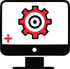 Computer monitor displaying cogwheel gear symbol with red plus icon for settings and maintenance