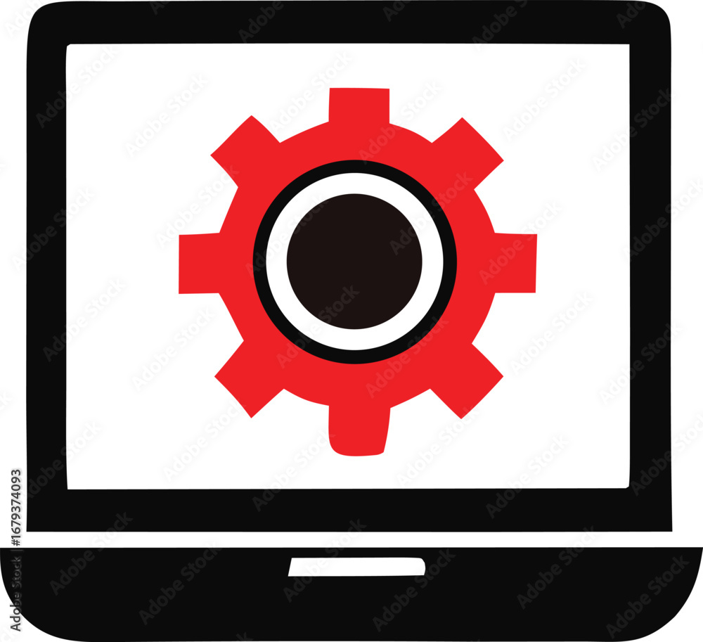 Poster computer laptop screen displaying red gear cogwheel symbol technology setup operations digital tools