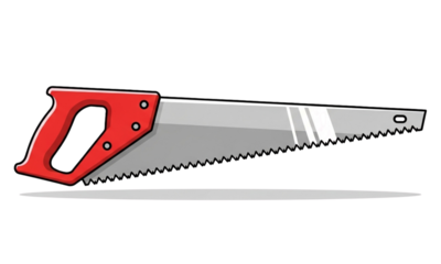 Illustration of a hand saw with a red handle and gray blade on a black background