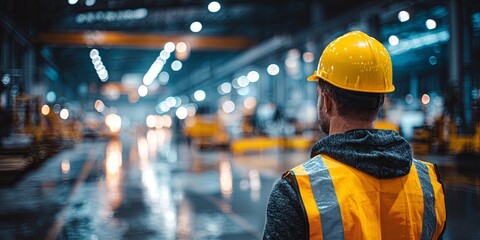 Worker in Safety Gear Observes Industrial Warehouse Space with Bright Lights and Equipment in Background