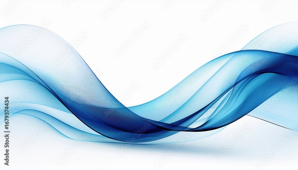 Poster flowing blue wave lines with translucent gradient curves on white background for elegant digital des