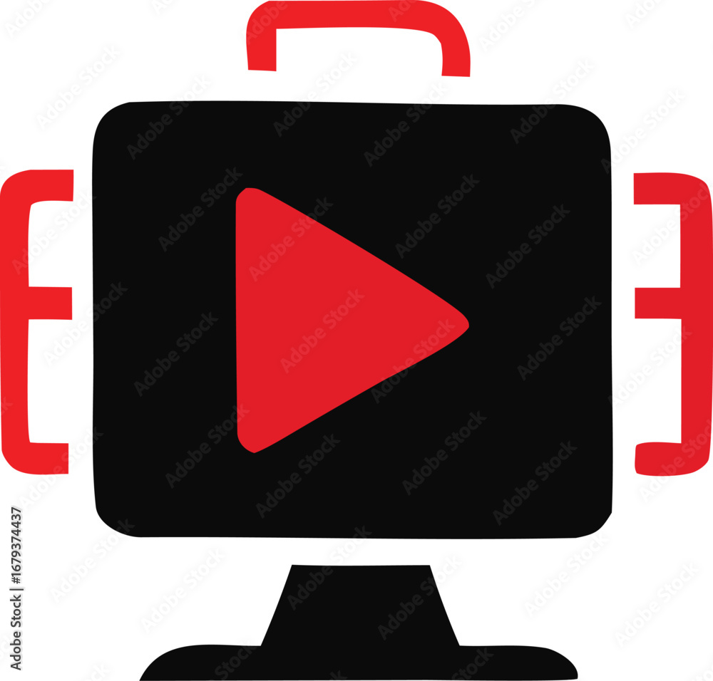 Poster dynamic play button icon on monitor screen with side brackets representing media playback and stream