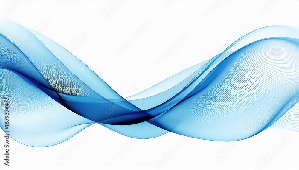 Poster flowing blue wave lines with translucent gradient curves on white background for elegant digital des