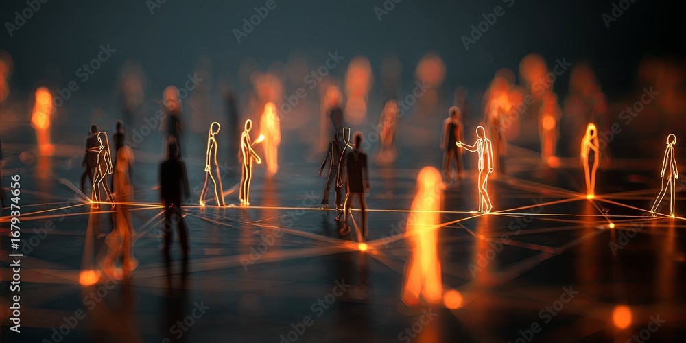 Poster abstract representation of networking connections with silhouettes of people on dark background
