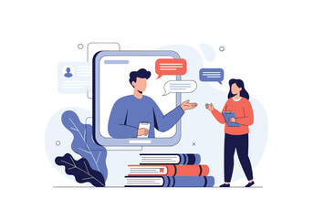 Online learning education students communicate with teachers through virtual classes discussing important topics