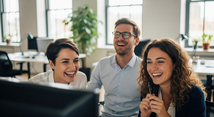 Laughing Colleagues Working Together on Computer in Modern Office