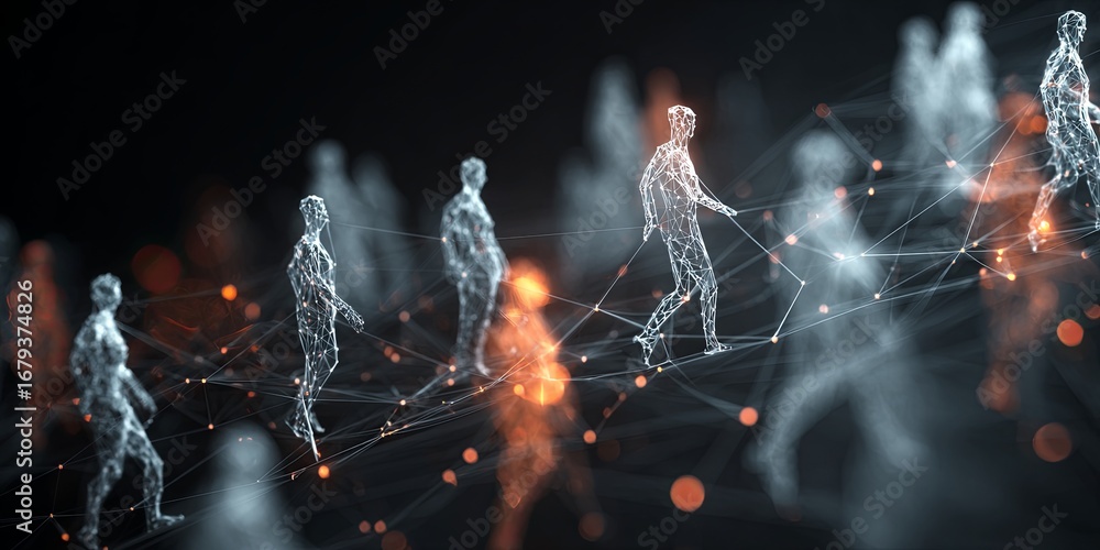 Poster abstract representation of networking connections with silhouettes of people on dark background