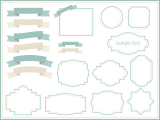 ナチュラルで可愛いスモーキーグリーンとベージュのリボンとクラシックフレームのイラストセット