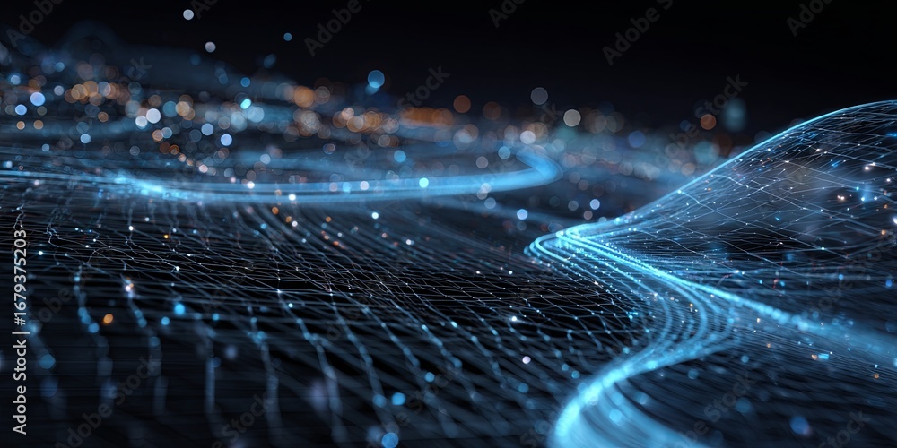 Poster futuristic data visualization with light trails and grids representing technology and digital connec