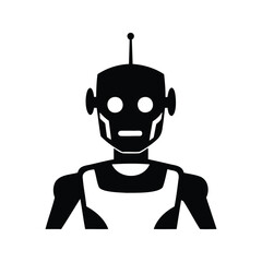 Black silhouette of a vintage looking robot with antenna on white background, ai robot head silhouette vector illustration
