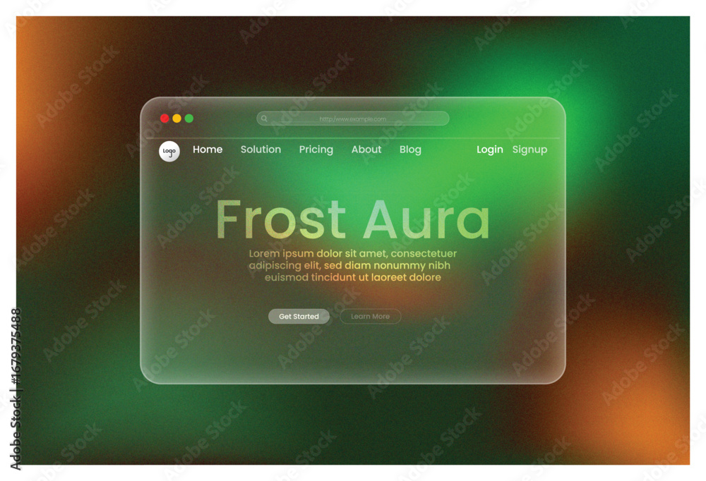Poster web design, frost aura, landing page green cyan orange gradient glowing frosted glass morphism ui te