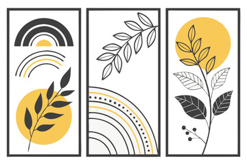 Fototapeta premium Abstract botanical triptych collection with minimalist leaf illustrations and geometric sun shapes for modern Scandinavian style interior wall decor