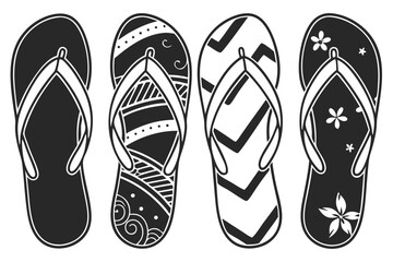 Stylish Flip-Flop Designs A Collection of Summer Footwear in Black and White, Featuring Various Patterns for Beach and Casual Wear