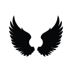 Symmetrical pair of stylized black angel wings on a white background, angel wings spread open silhouette vector illustration