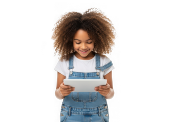 Young girl with curly hair smiling while holding a tablet computer child female isolated on a transparent background