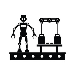 Robot on assembly line, representing automation in manufacturing and the future of work, assembly line robot silhouette vector illustration