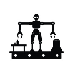 Black and white drawing of a manufacturing robot with production equipment, assembly line robot silhouette vector illustration