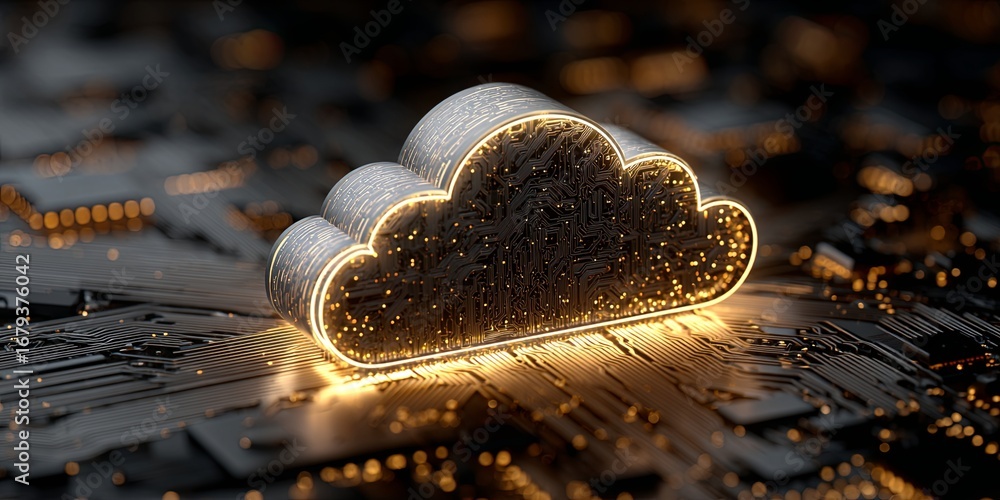 Poster digital cloud concept with circuit board, abstract technology visualization of data storage and conn