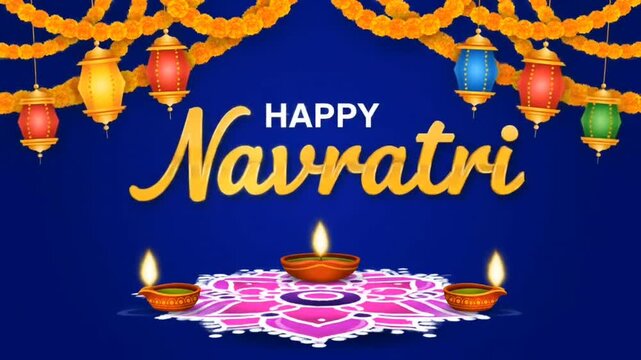 Image is a vibrant and festive digital illustration celebrating Navratri. The background is a deep blue, providing a rich contrast to the colorful elements. At the top, there are strings of marigold f