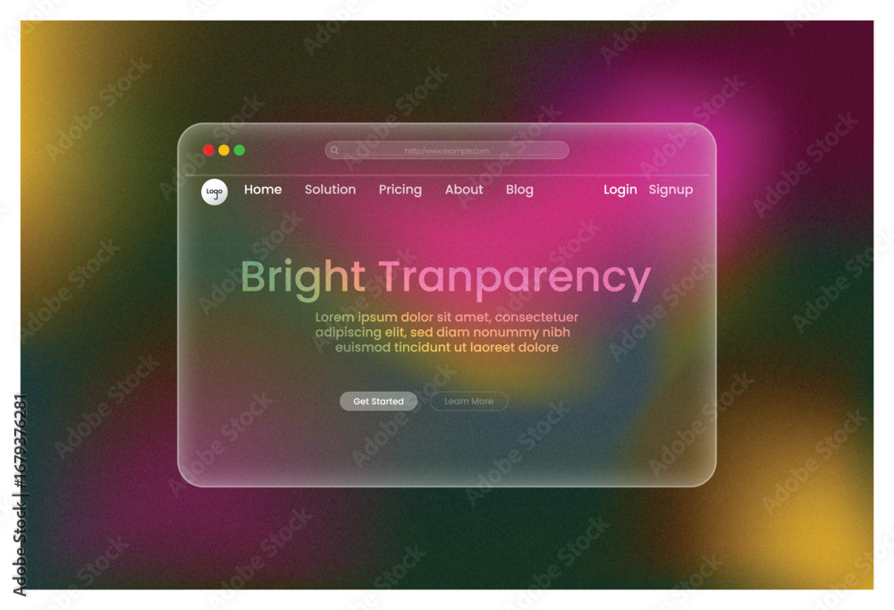 Poster web design, bright tranparency, landing page yellow green red gradient luminous frosted glass morphi