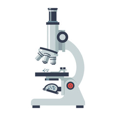 Flat illustration of a light grey microscope on a white background