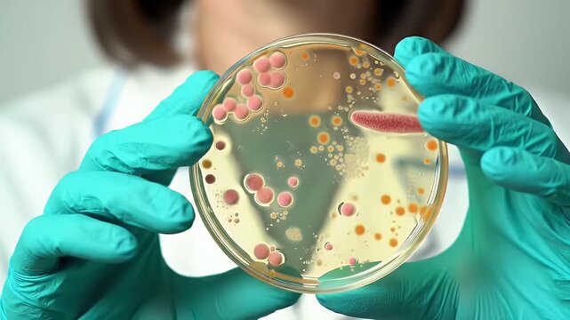 Examining Colorful Colonies of Microorganisms in Petri Dish Held by Gloved Hands for Bacteriological Study