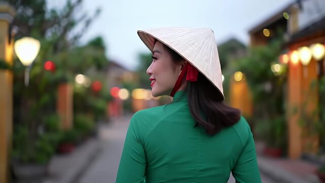 Smiling Asian Woman in Traditional Dress and Hat Walking Down Village Street at Dusk in Vietnam