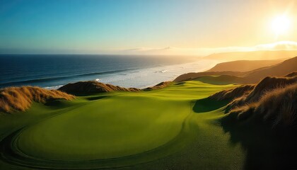 A scenic view of a golf course overlooking the ocean with a bright sun in the background landscape