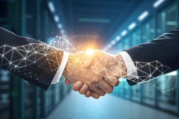 Business partners shaking hands with digital network overlay in server room