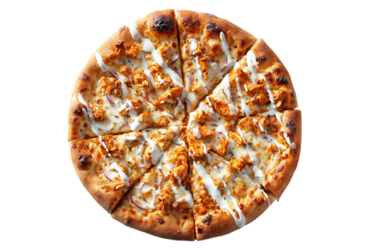 Close up of a savory chicken ranch pizza, ready to eat.