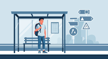 Waiting Under The Bus Stop Shelter, A Person Waiting For Transport In The City