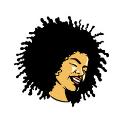 Joyful woman with afro laughing with eyes closed, expressive face and vibrant energy