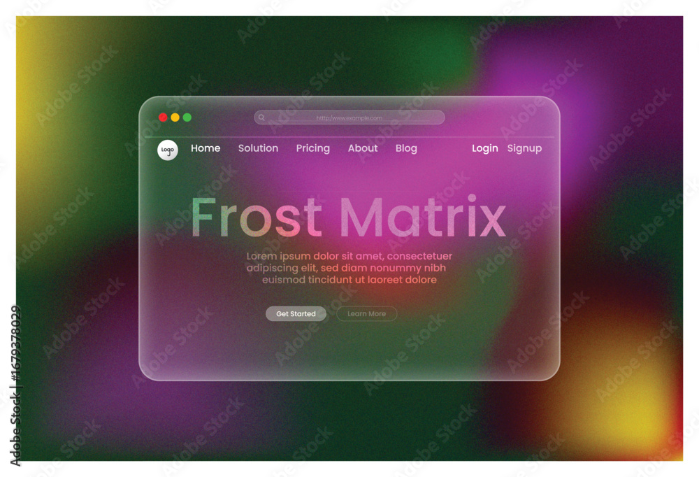 Poster web design, frost matrix, landing page pink purple green gradient glowing frosted glass morphism ui 