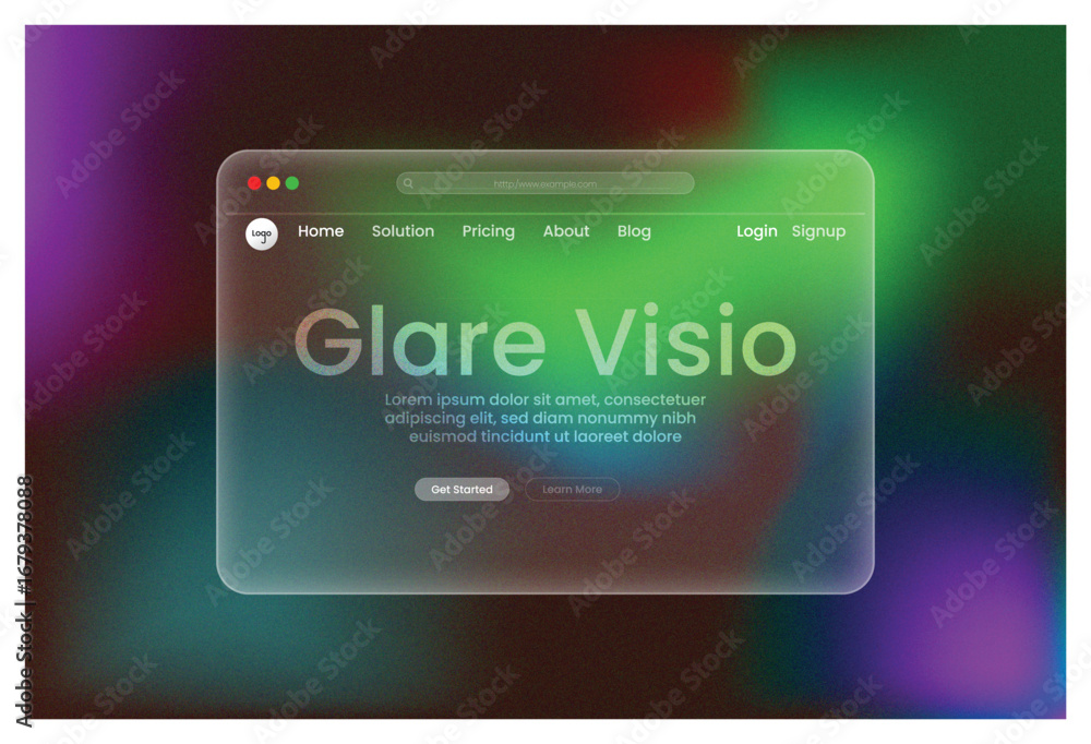 Poster web design, glare visio, landing page brown green cyan gradient glowing frosted glass morphism ui te