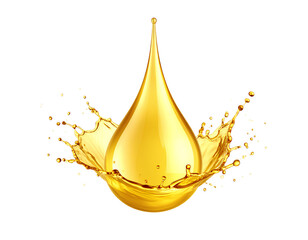 A thick gold color oil drop with splashes isolated on a transparent background.