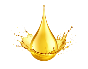 A thick gold color oil drop with splashes isolated on a transparent background.
