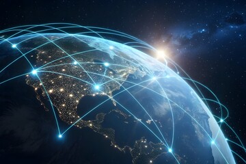 Global network connections illustrating digital connectivity and communication across the earth