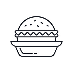 Simple line art drawing of a burger on a rectangular plate, burger in a basket icon vector illustration