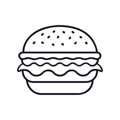 Outline drawing of a burger with toppings and sesame seeds bun, burger in bun  icon vector illustration