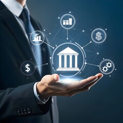 Businessman holding a glowing digital network of financial and banking icons in his palm