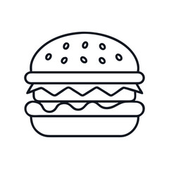 Minimalist outline illustration of a delicious burger with sesame seed bun, burger with cheese icon vector illustration