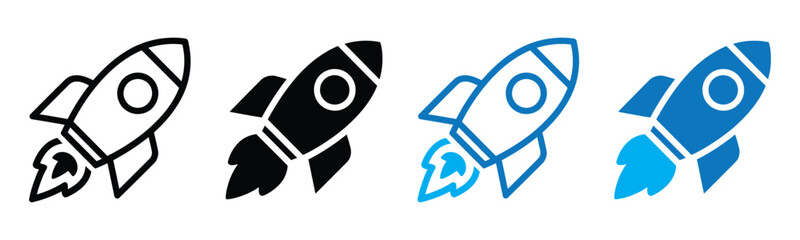 Four stylized rockets in different artistic styles isolated on transparent background