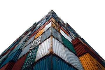 Fototapeta premium Abstract view of stacked cargo containers. Global trade, logistics, shipping concept.