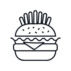 Outline image of a hamburger with french fries, perfect for logo or icon, burger with fries icon vector illustration