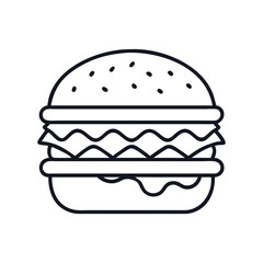 Minimalist line art illustration of a classic seeded hamburger on white background, burger with lettuce and tomato icon vector illustration