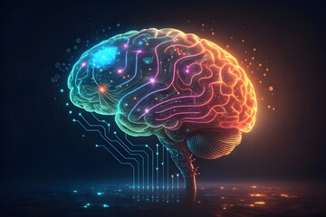 Vibrant glowing human brain with neural network connections and digital data